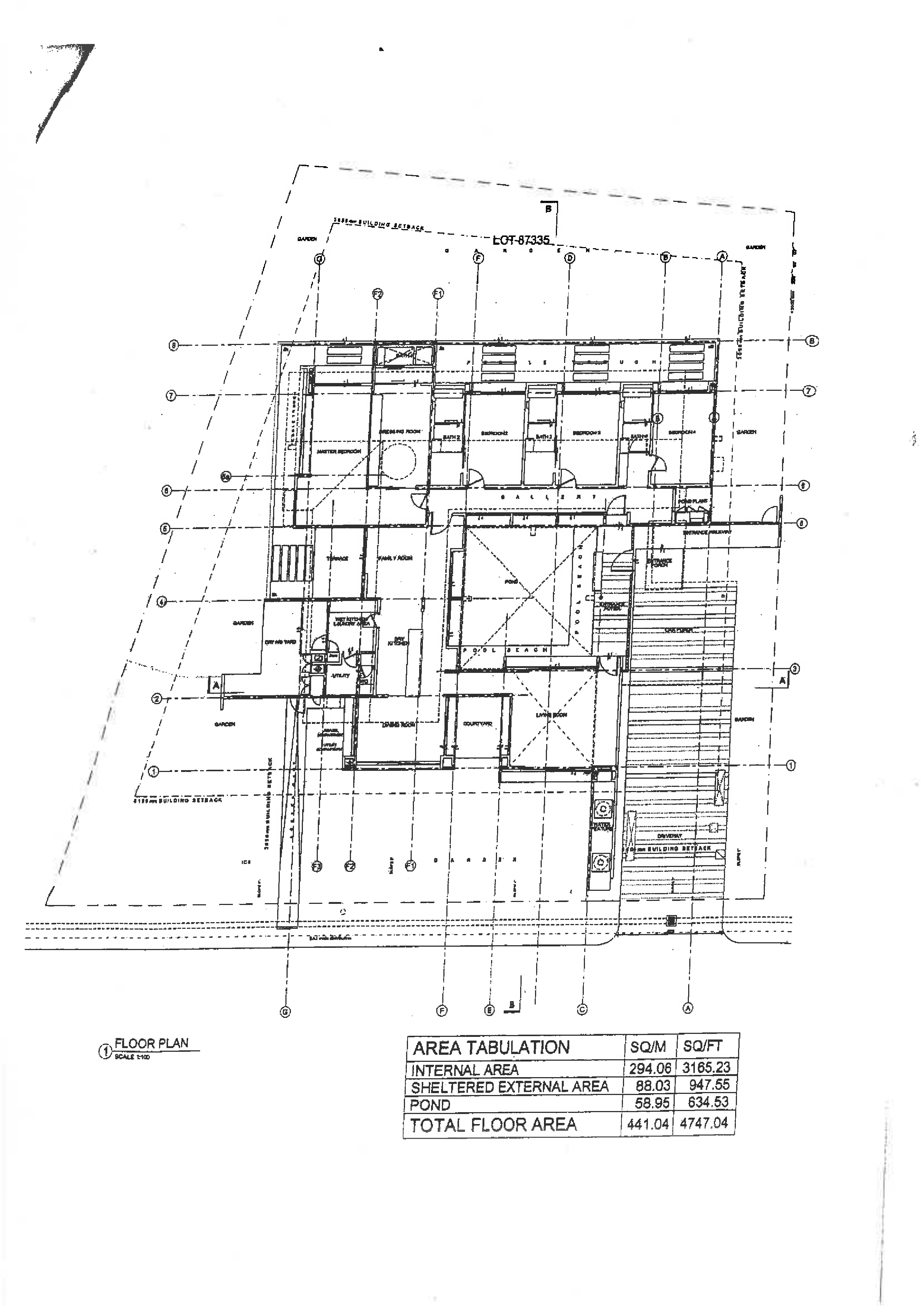 Supplied court-villa plan and area schedule for central pond and residence