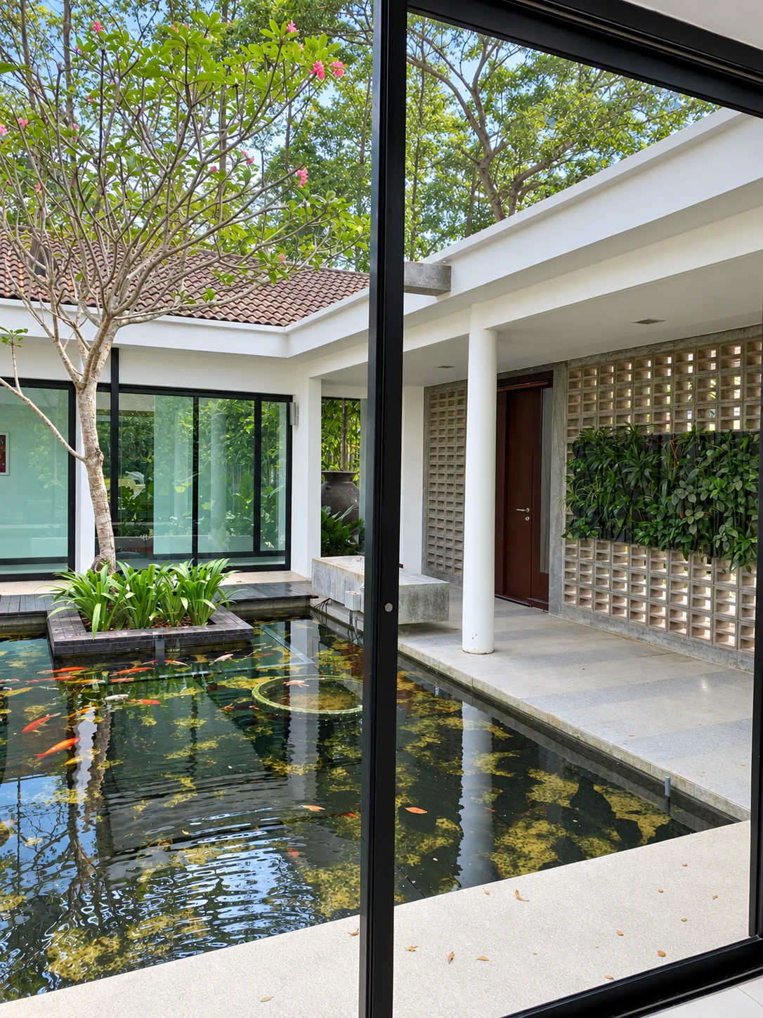 Courtyard arrival with internal pond and planting