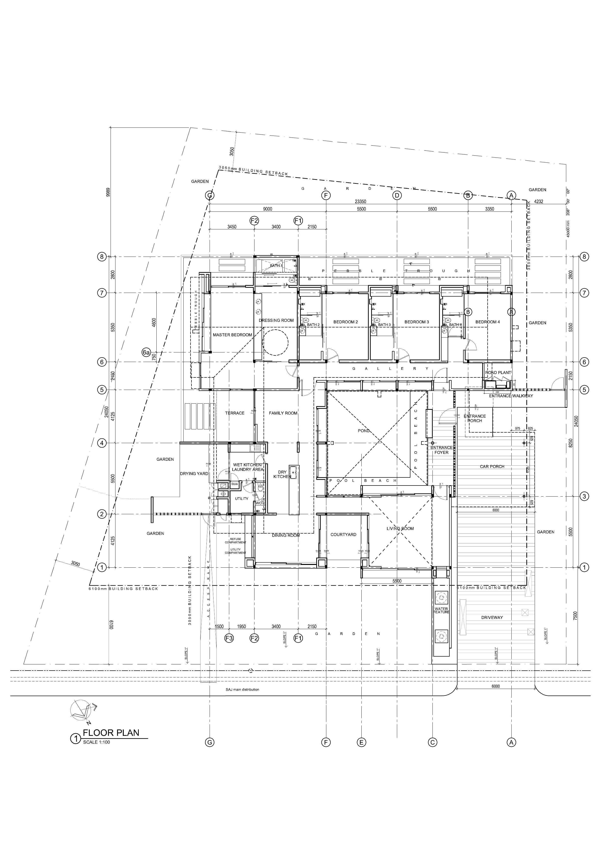 Supplied ground-floor plan showing bedrooms, living areas, kitchens, gardens, courtyard and covered parking