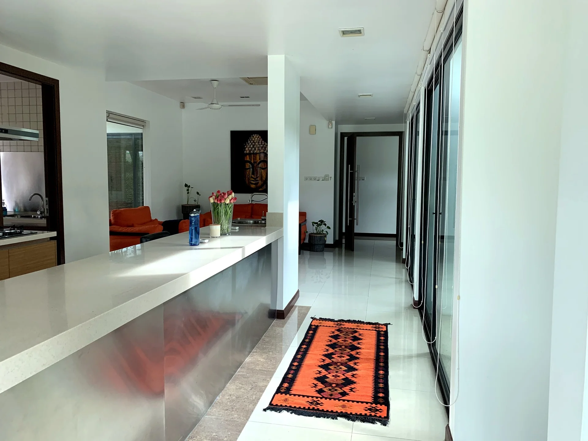 Open kitchen and connecting hallway